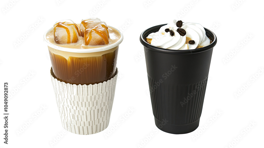 Poster iced caramel latte with whipped cream on clear background generative ai