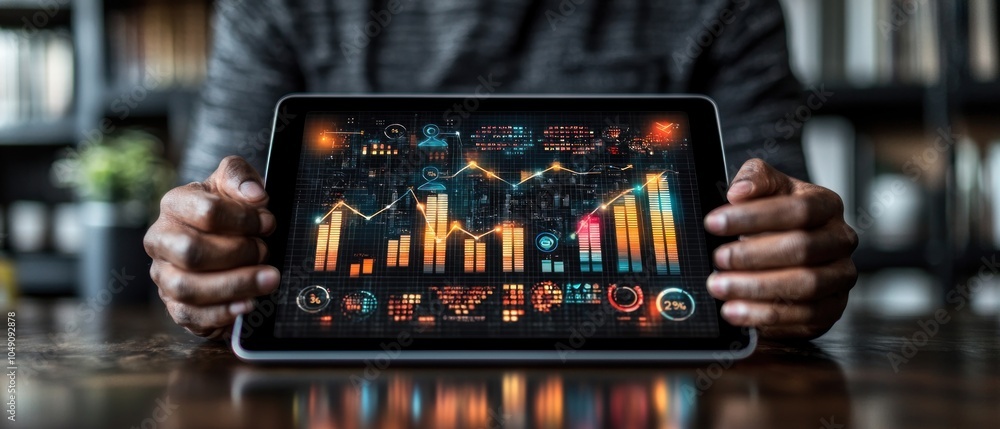 Poster person holding a tablet displaying data and charts