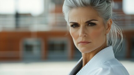 Fototapeta premium A determined woman with silver hair, dressed in a martial arts uniform, exuding strength.
