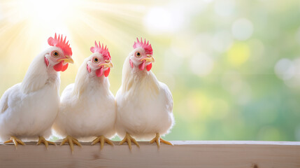 Fototapeta premium Three chickens standing side by side on a fence in soft morning light