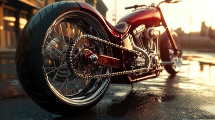 Fototapeta premium A close-up view of a sleek motorcycle parked on a wet street during sunset.