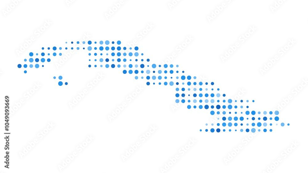 Poster cuba dotted digital map. map of cuba with pulsating colored circles. shape of the country filled wit