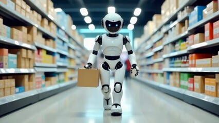 A robot with a craft box helping with work in a supermarket against the background of shelves with goods.
