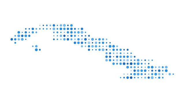 Cuba dotted digital map. Map of Cuba with pulsating colored circles. Shape of the country filled with blue disks. Vibrant video.