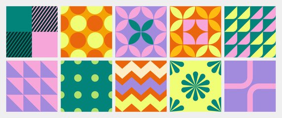 collection of textured vector backgrounds with simple and fun repeating patterns. Abstract colorful funky pattern for cards, posters, covers, banners, or branding.