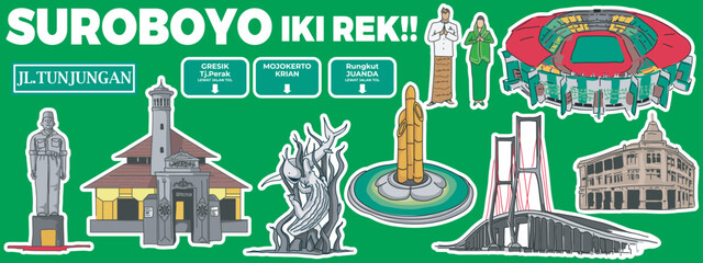 vector set of landmark cities, and monuments of Surabaya City.