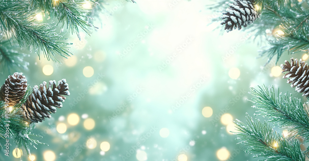 Poster Pine branches dusted with snow and adorned with lights create a festive winter scene