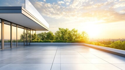Fototapeta premium Modern terrace with panoramic views at sunset, showcasing sleek architecture and nature.