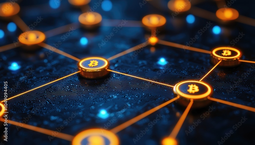 Poster golden bitcoin symbols connected by lines on a circuit board
