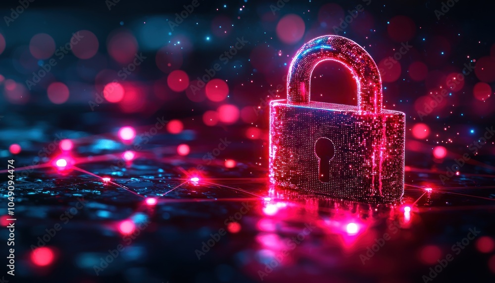 Poster A glowing red padlock on a network of lines with a blue and red bokeh background