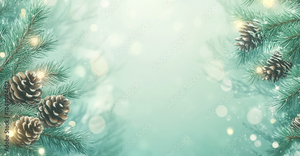 Poster pine cones and twinkling lights adorn a fir branch against a soft, green backdrop