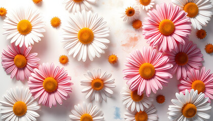 Obraz premium Watercolor seamless pattern with daisies on white isolated with white highlights, png