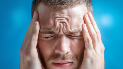 Fototapeta premium Young man experiencing stress and discomfort while holding his head against a blue background