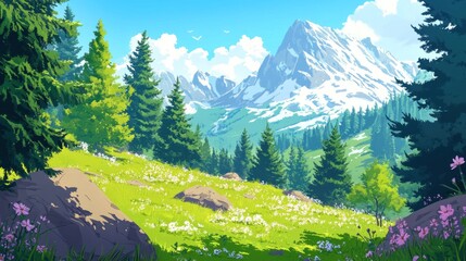 A vibrant landscape featuring green meadows, trees, and snow-capped mountains under a blue sky.