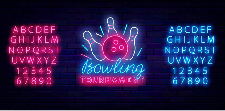 Bowling tournament neon label with ball and pins. Strike winning. Funny sport sign on brick wall. Shiny pink and blue alphabet. Light badge. Editing text. Vector stock illustration