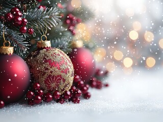 Fototapeta premium Red and Gold Christmas Ornaments on a Snowy Surface with Blurred Lights