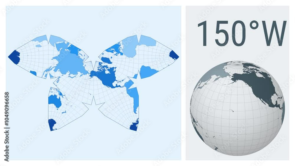 Poster world map animation. steve waterman butterfly projection. colored continents style. animated world m