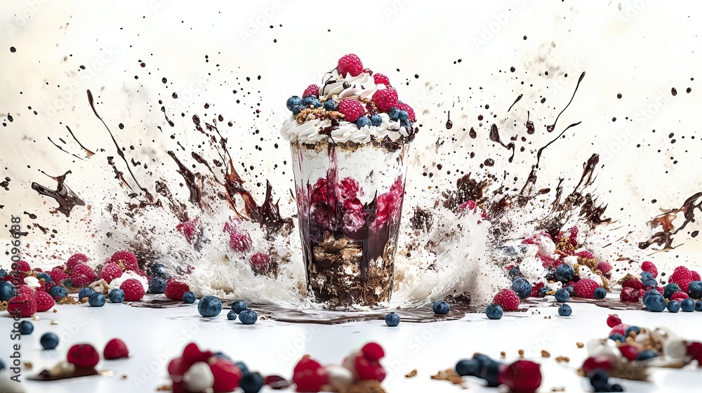 Poster a dessert with a blueberry and raspberry topping is splattered with chocolate