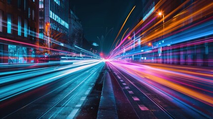 Fototapeta premium Futuristic city street light trails at night with a bright neon sign in the background