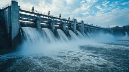 Heavy flow of water splashing down from a dam, creating mist and turbulent waves in the river.