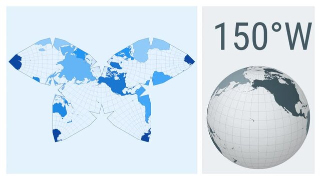 World Map Animation. Steve Waterman butterfly projection. Colored continents style. Animated world map in Polyhedral Waterman projection. Loopable animation showing longitude shift and matching globe.