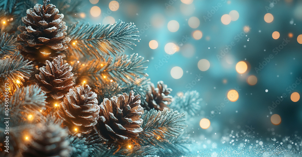 Poster A close-up of a pine branch with pine cones, dusted with snow and adorned with warm lights, against a blue background with bokeh