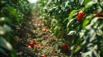 A field of red peppers is growing in the dirt at sunny day