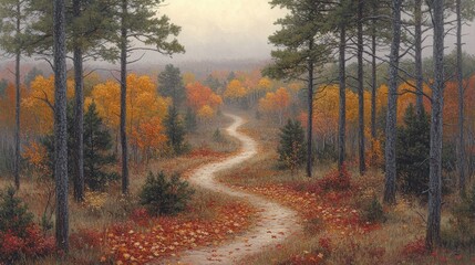 Obraz premium Serene Autumn Forest Path Winding Through Vibrant Foliage Landscape with Tall Pine Trees and Misty Horizon Perfect for Nature Lovers Seeking Tranquil Beauty