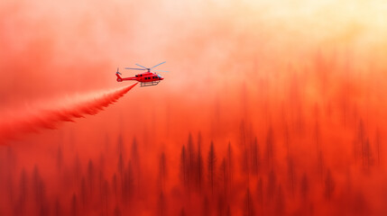 Helicopter battling wildfire over dense forest during sunset in a smoky atmosphere