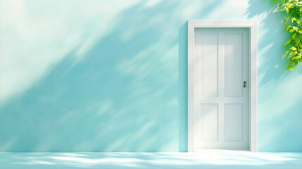 A serene aqua wall featuring a simple white door illuminated by soft shadows and greenery