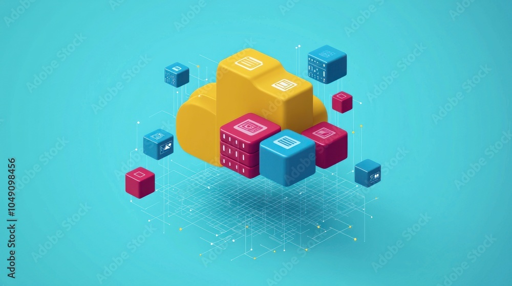 Poster 3D Render of a Cloud Computing Network with Servers and Data Cubes