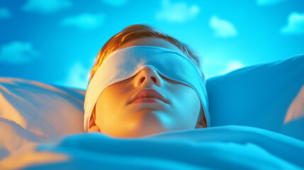 Child peacefully sleeping with a sleeping mask in a calm, serene bedroom environment