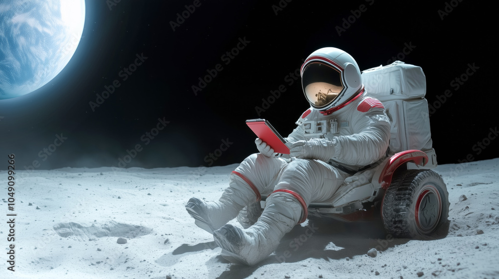 Poster an astronaut resting on a lunar rover while exploring the moon's surface at sunrise