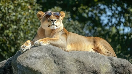Obraz premium Lioness with fashionable sunglasses, perched on a rock, soaking up the sunlight.