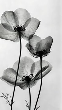 Backlit delicate anemone flowers with intricate details, monochrome elegance. Nature artistry and botanical concept
