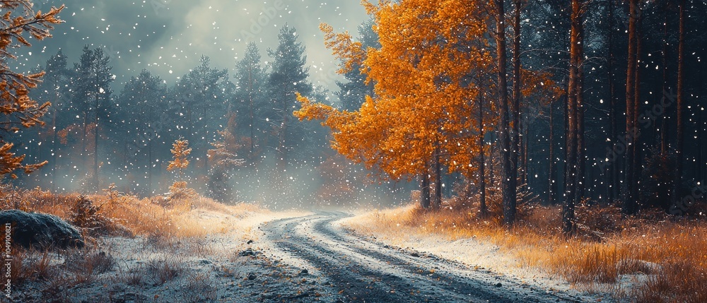 Poster Snow-Covered Path Winding Through a Forest with Autumnal Trees