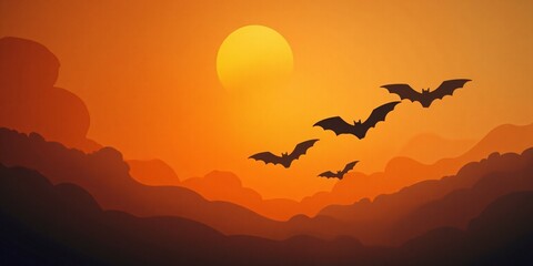 Naklejka premium Spooky halloween Bats flying against an orange sunset sky on the left side, with a fading sky on the right for Halloween text.