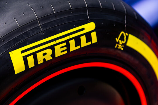 Warsaw, Poland - September 8, 2024: Pirelli logotype on Formula 1 tyre 