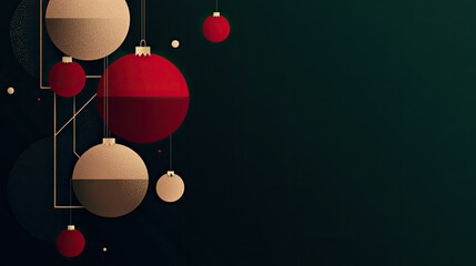 Minimalistic geometric Christmas ornaments in red and gold on a dark green background with festive touches. Vector postcard design for Merry Christmas, Happy New Year.