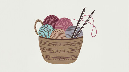 Fototapeta premium Cozy Knitting Basket with Yarn Balls and Needles in Rustic Style