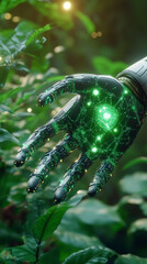 Graphic of a robot arm with smart farming or agricultural technology green technology interface