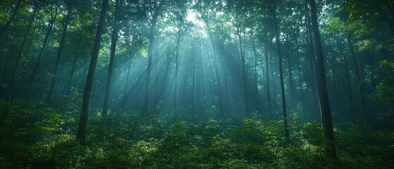 Fototapeta premium Sunbeams Piercing Through a Foggy Forest