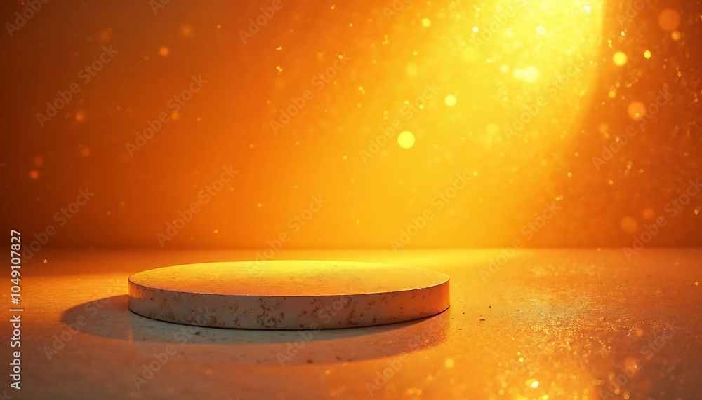 Poster showcase platform in golden light: a minimalist platform is illuminated by a warm, golden glow, crea
