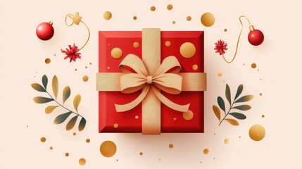 Obraz premium Red gift box adorned with gold circles and ribbon, framed by minimal festive elements. Vector illustration for holiday greeting cards.