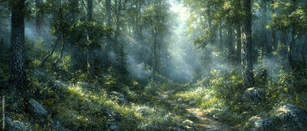 Poster Sunbeams Illuminating a Path Through a Misty Forest