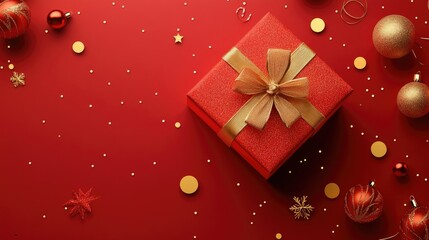 Obraz premium Red gift box decorated with gold circles, paired with minimalist festive elements on a clean background. Vector illustration for holiday greetings.