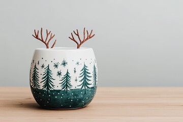 decorative ceramic pot featuring winter forest design with trees and stars, topped with whimsical antler like branches. This charming piece adds touch of nature to any space