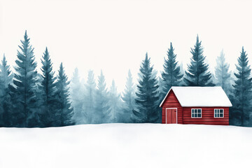 cozy red cabin nestled in snowy landscape surrounded by tall evergreen trees creates serene winter scene. tranquil atmosphere invites sense of peace and warmth