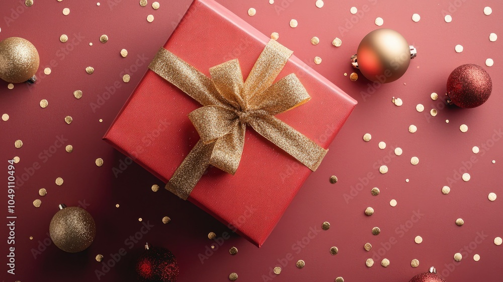 Poster red gift box with shimmering golden circles and a ribbon, surrounded by subtle festive elements in a