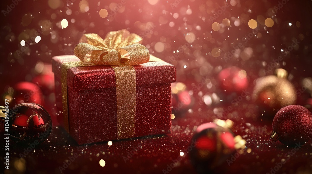 Poster red gift box with shimmering golden circles and a ribbon, surrounded by subtle festive elements in a